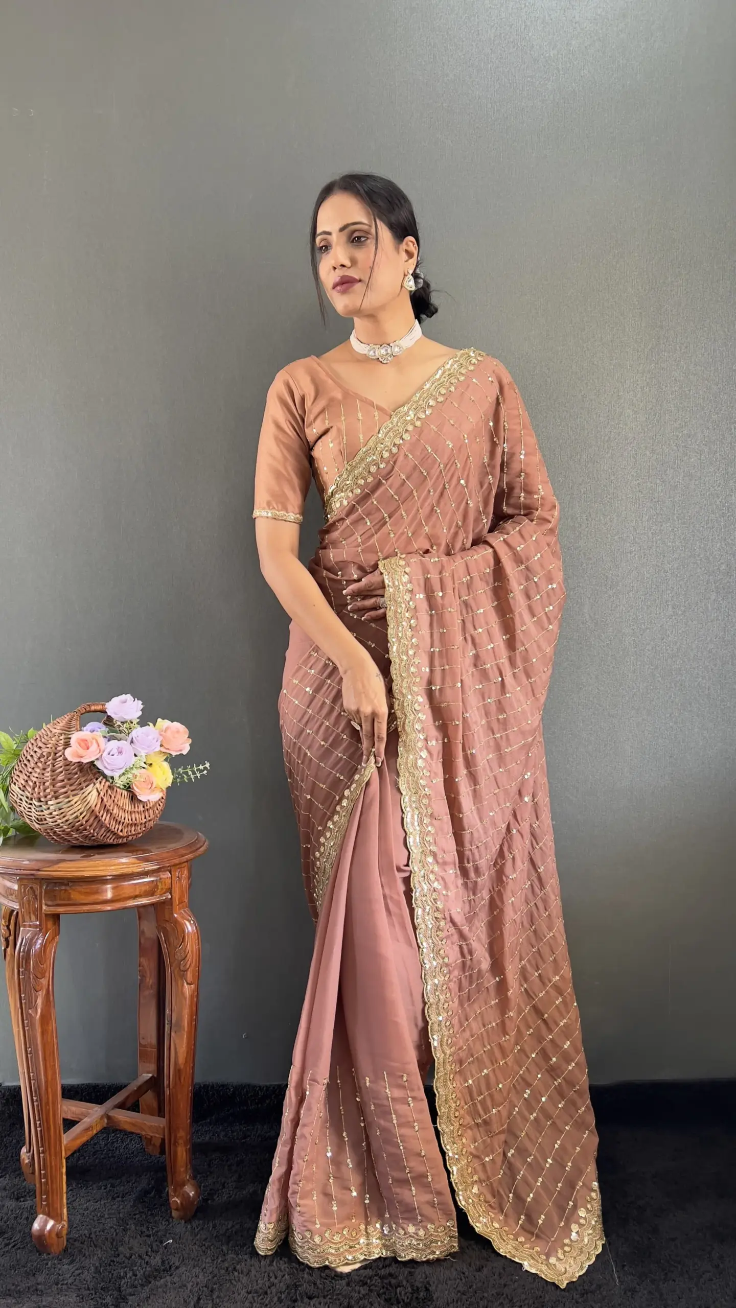 Party Special Brown Readymade Saree