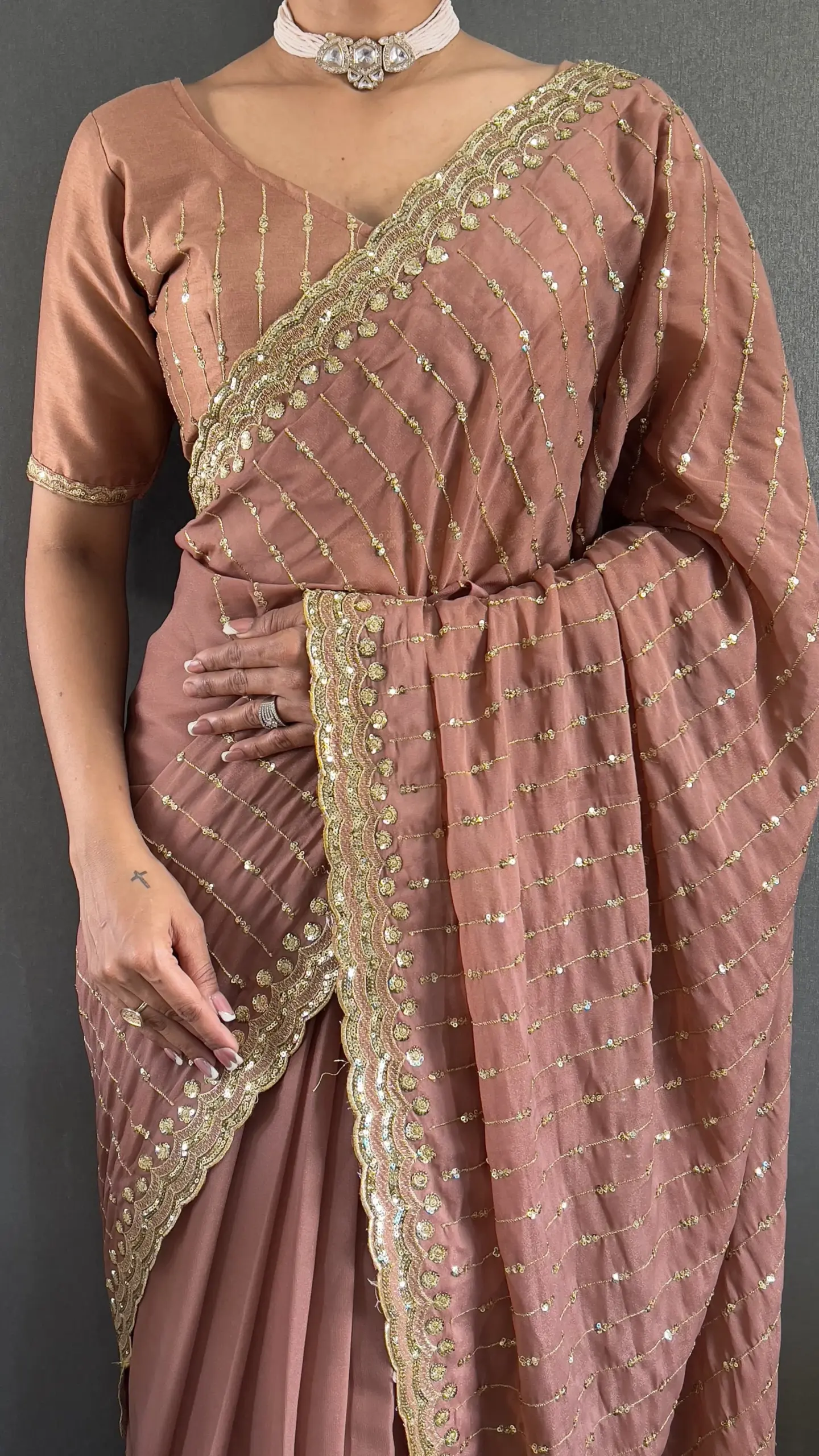 Party Special Brown Readymade Saree - Image 2