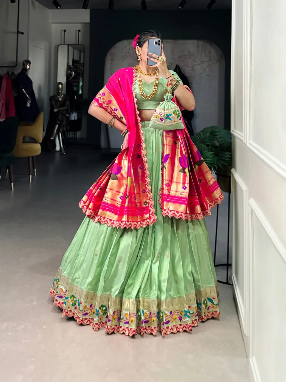 Pastel Color Paithani Silk Lehenga - Image 3