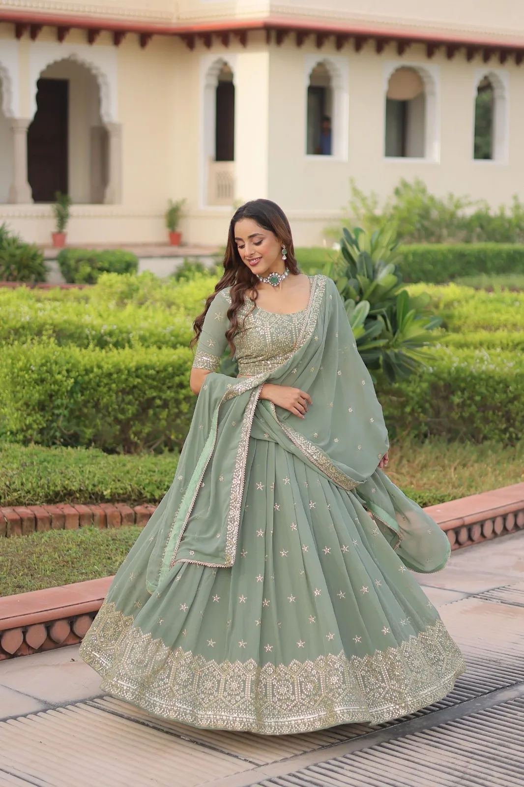 Pista Color Embroidery Lehenga Under 2000