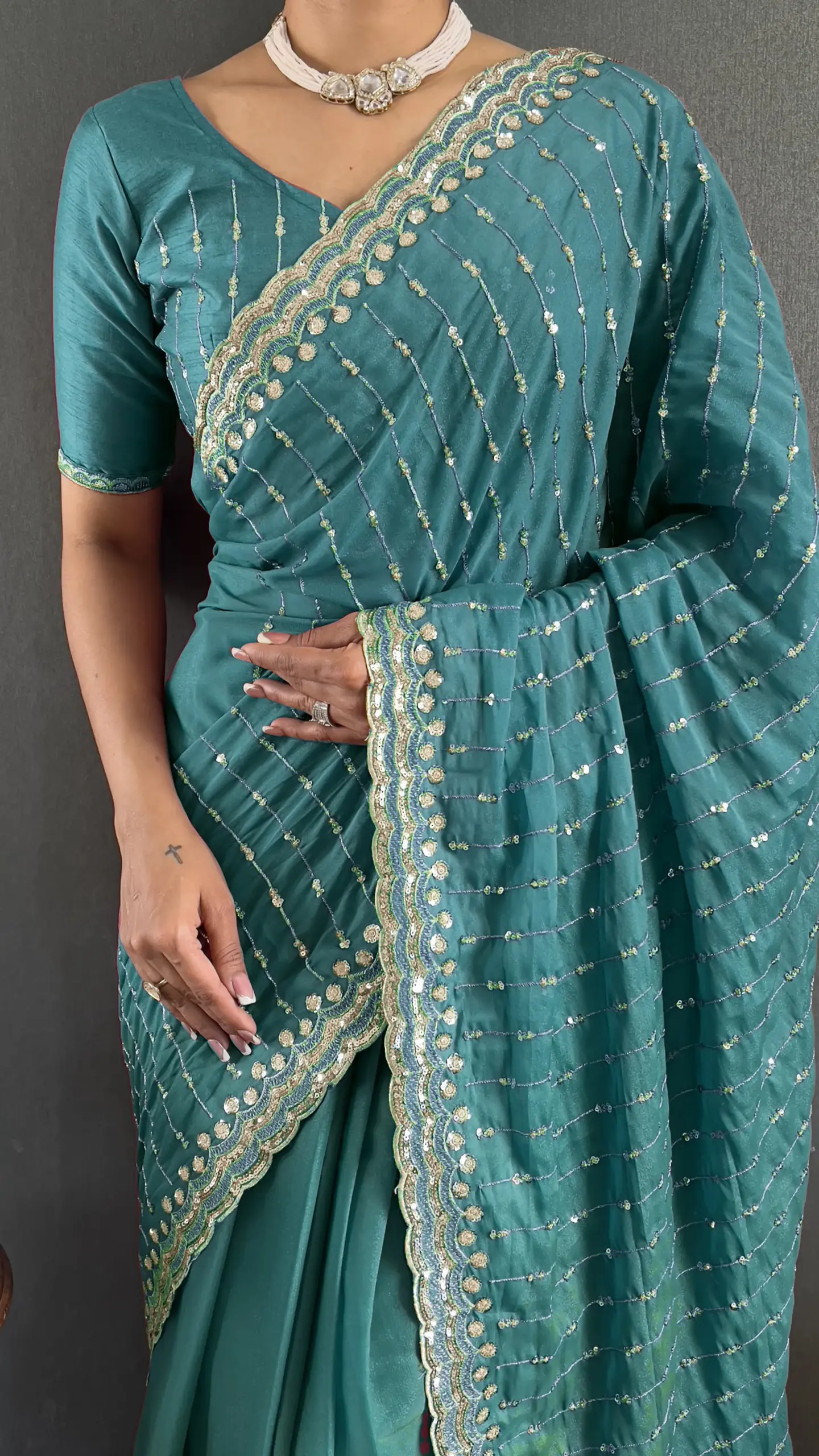 Rama Color Readymade Party Saree - Image 2