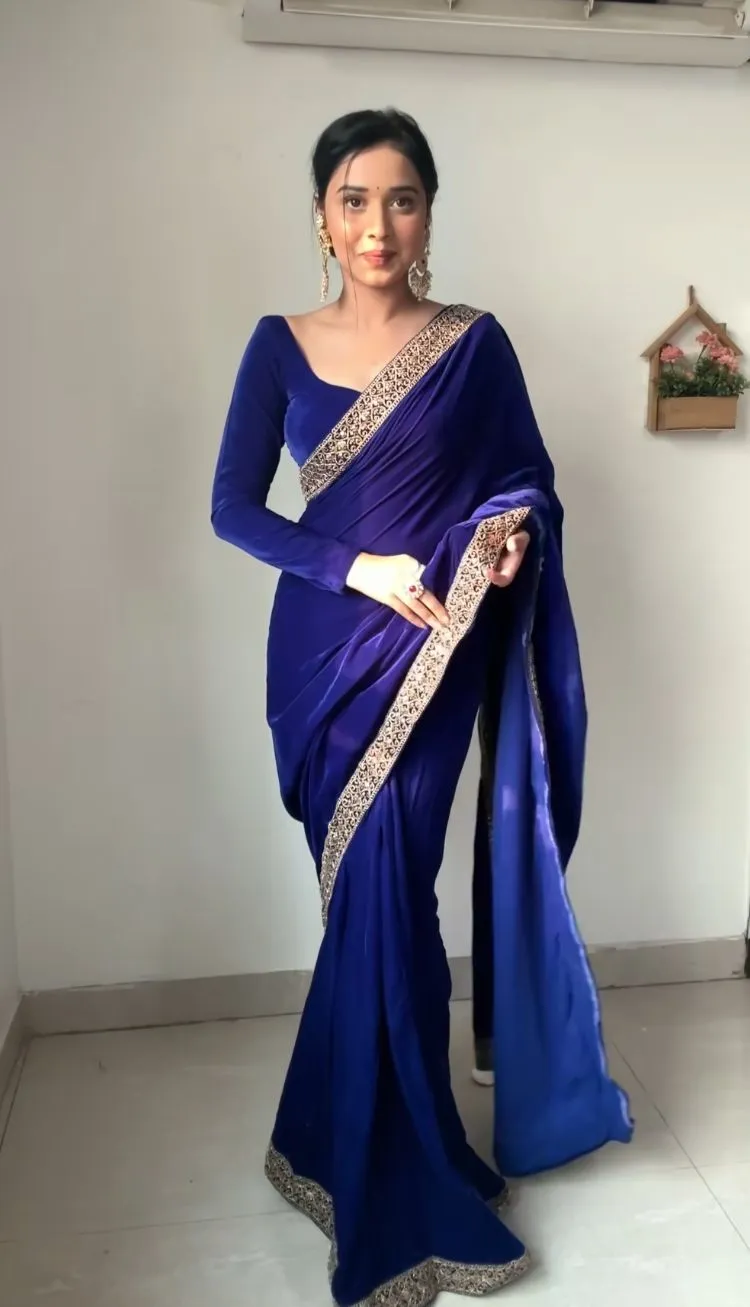 Royal Blue Velvet Readymade Saree