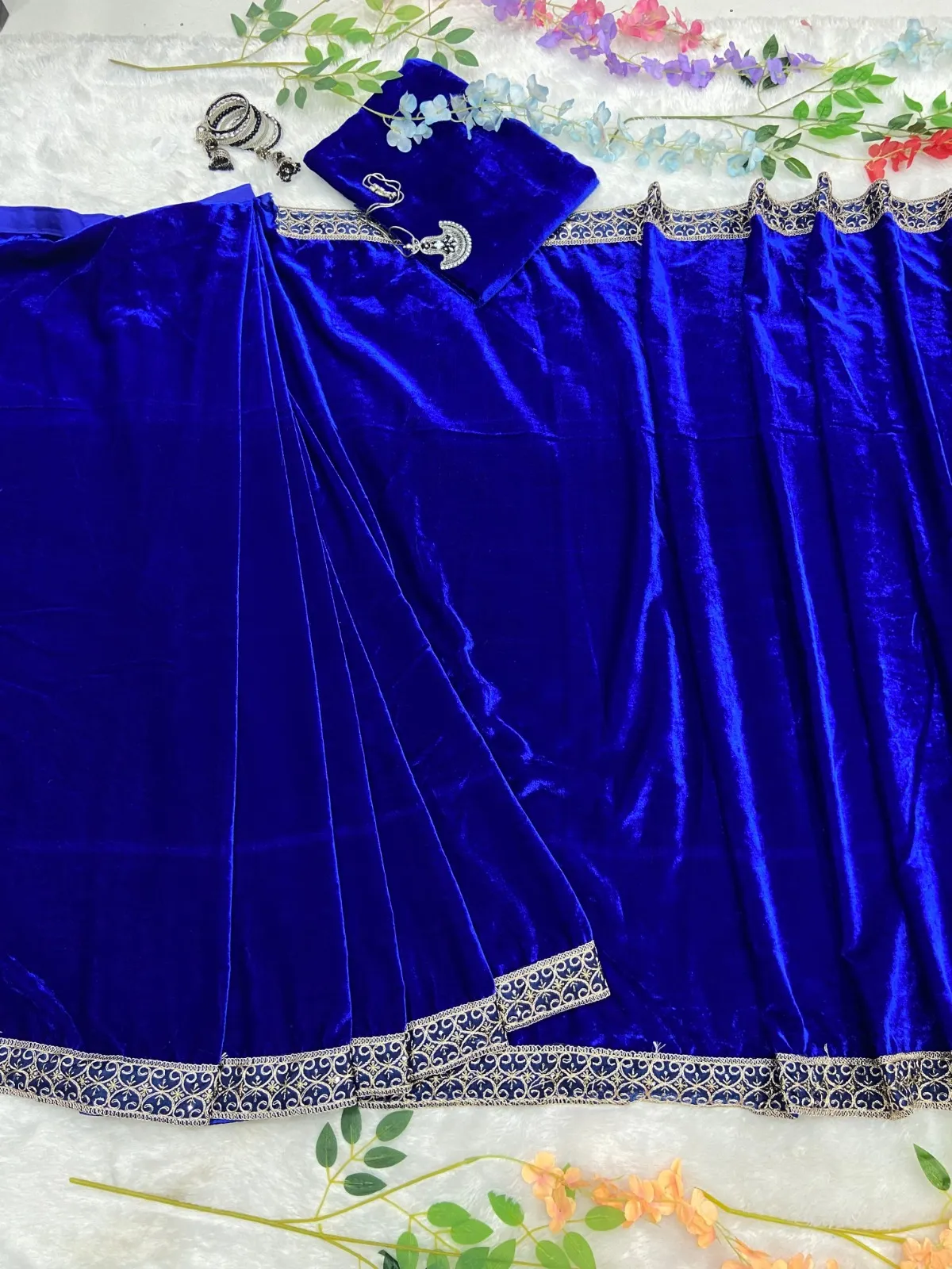 Royal Blue Velvet Readymade Saree - Image 2