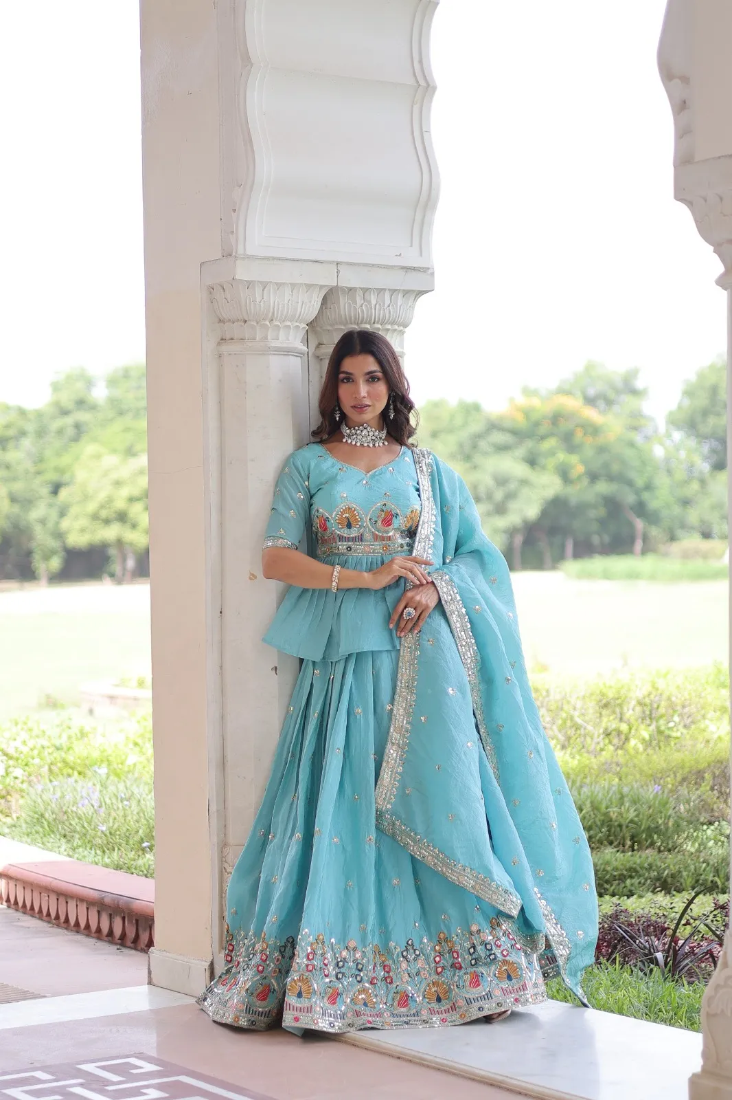 Sky Blue Readymade Lehenga with Long Blouse