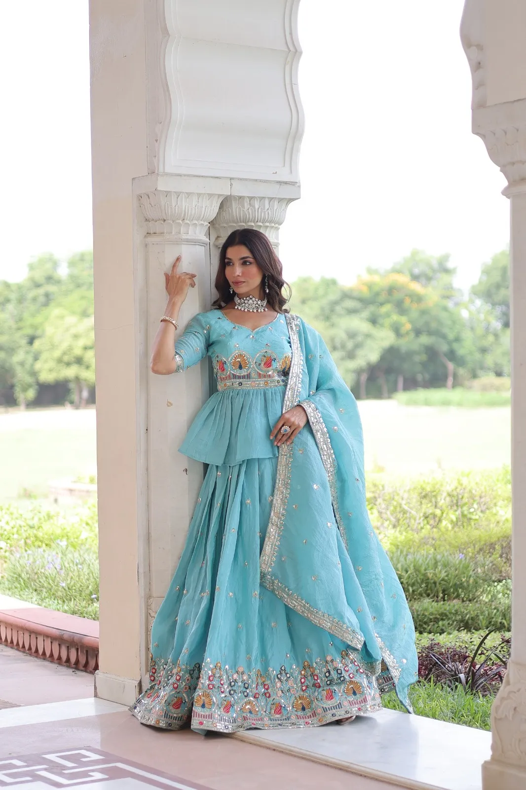 Sky Blue Readymade Lehenga with Long Blouse - Image 2