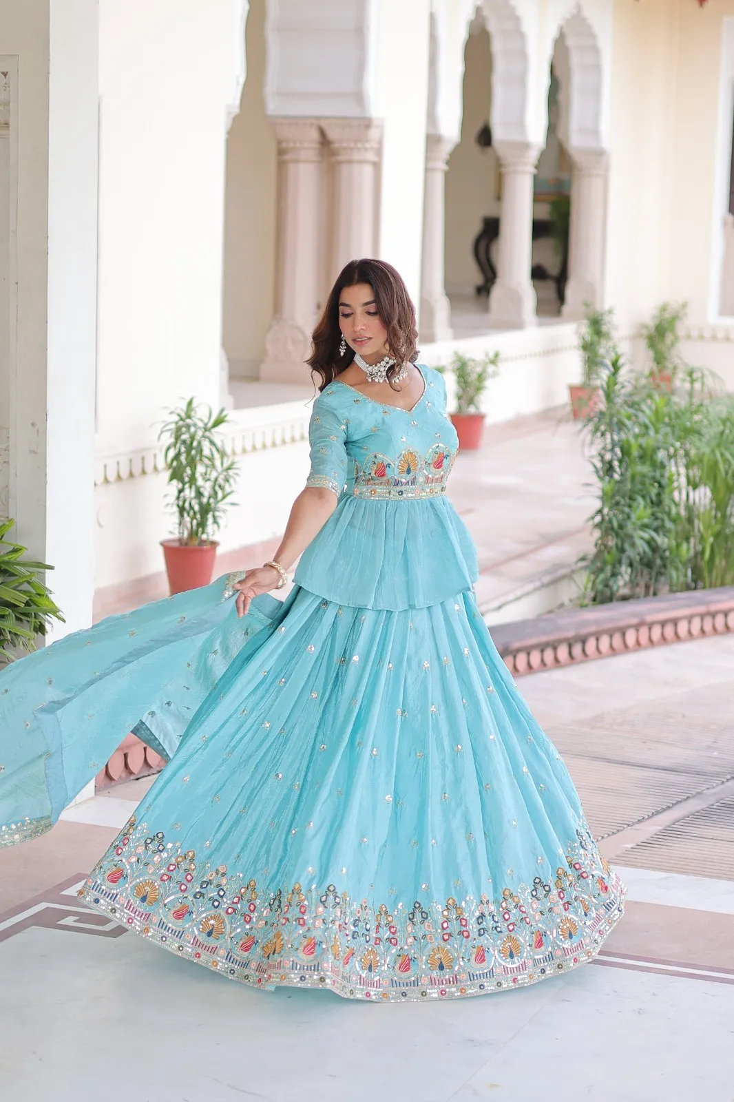 Sky Blue Readymade Lehenga with Long Blouse - Image 3