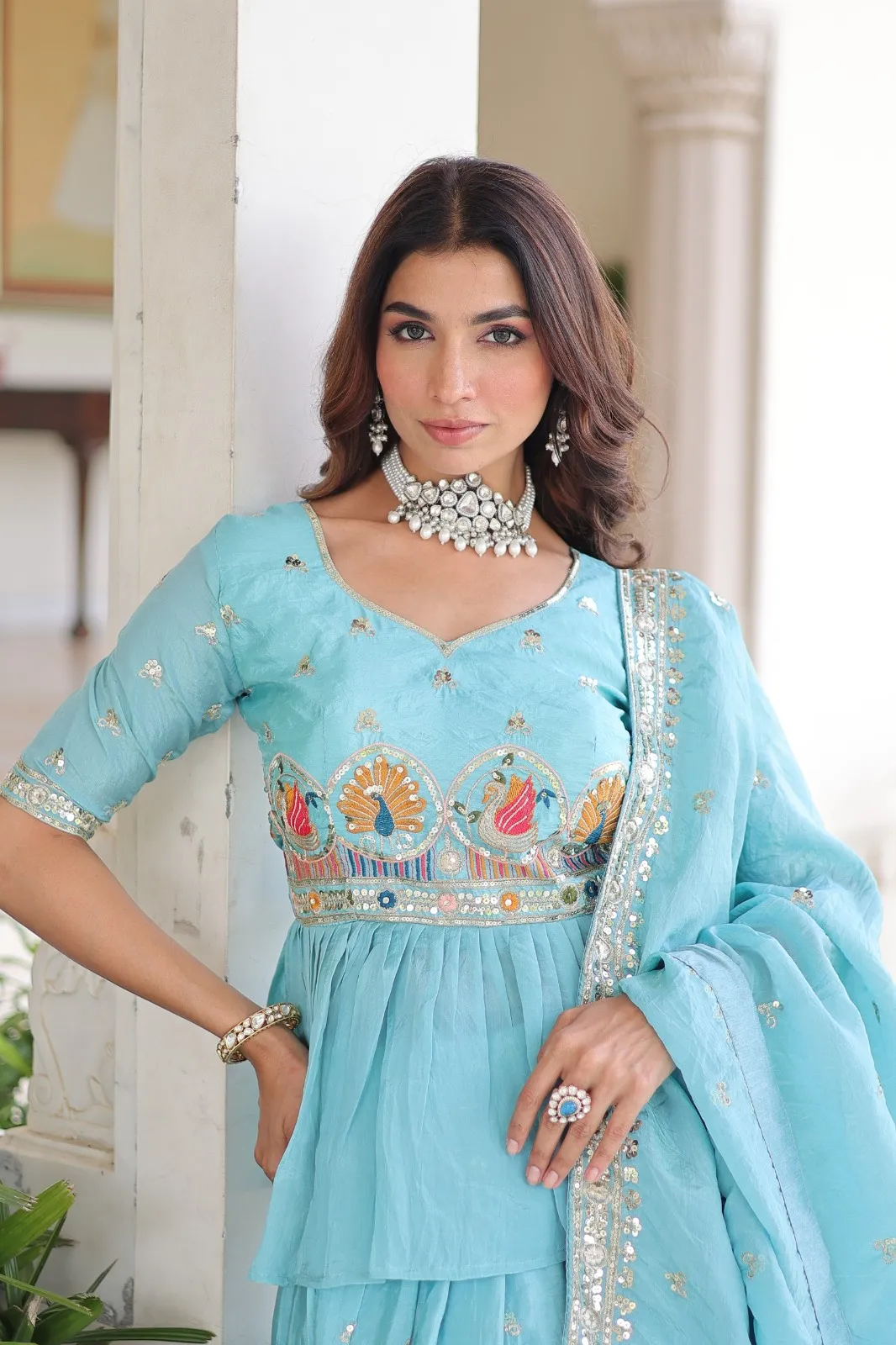 Sky Blue Readymade Lehenga with Long Blouse - Image 4