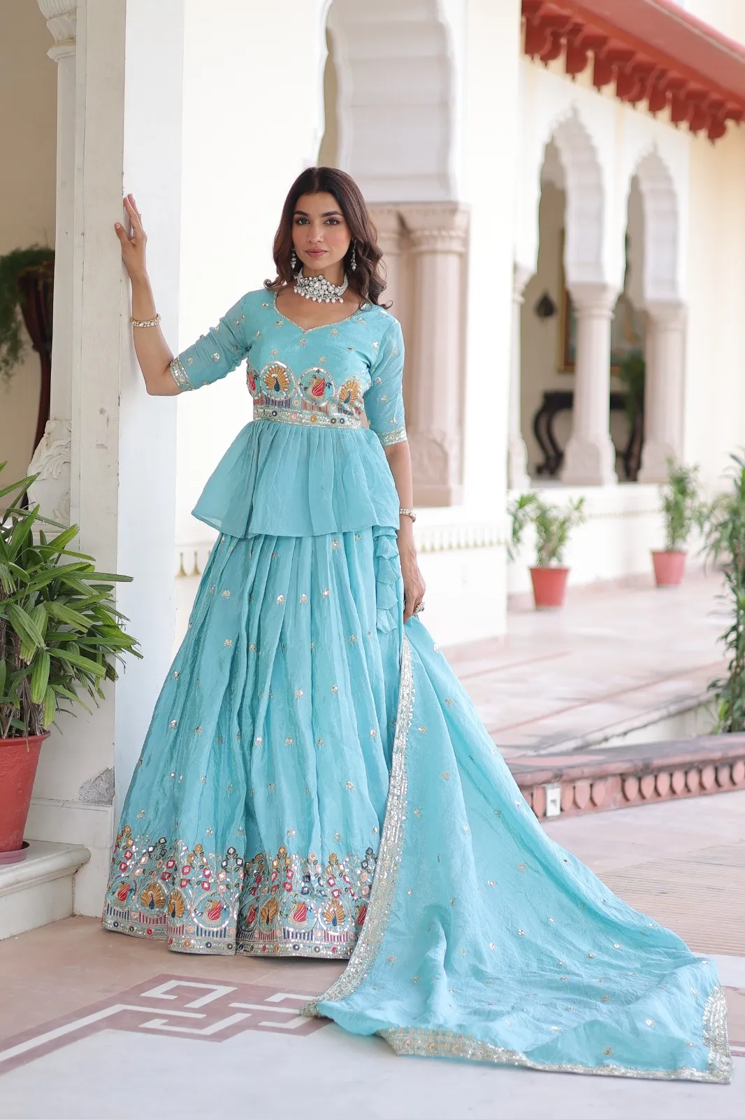 Sky Blue Readymade Lehenga with Long Blouse - Image 5