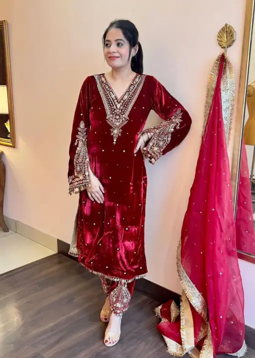 Velvet Red Salwar Suit with Embroidery