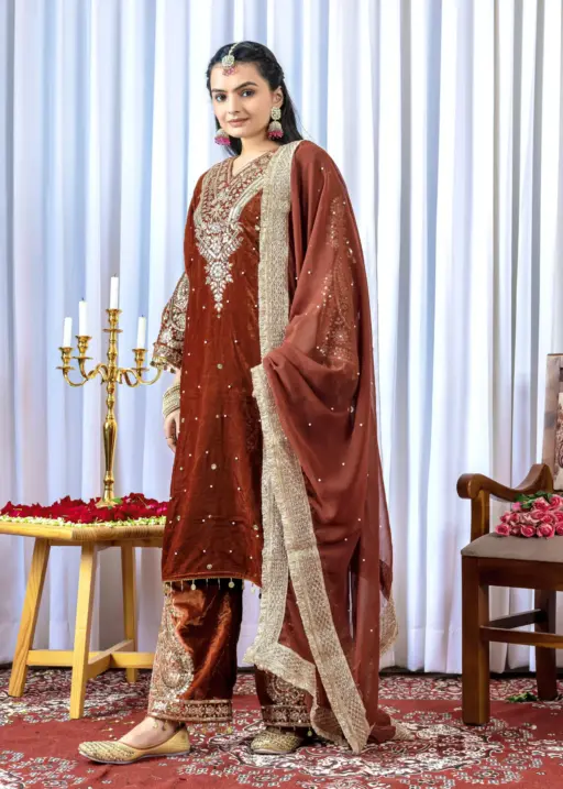 Wedding Wear Orange Velvet Dresses