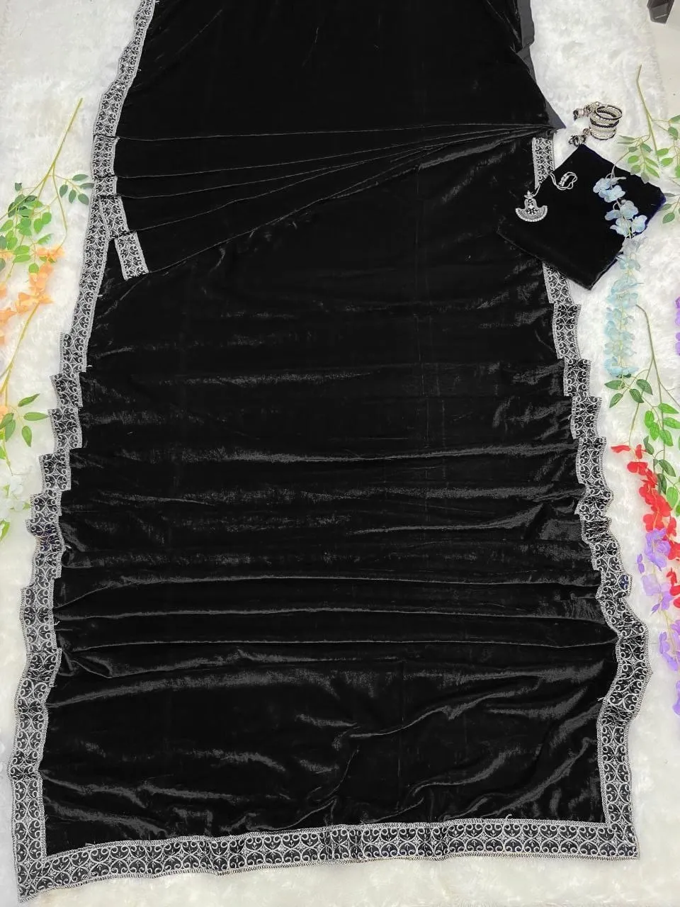 Winter Black Velvet Readymade Saree - Image 2