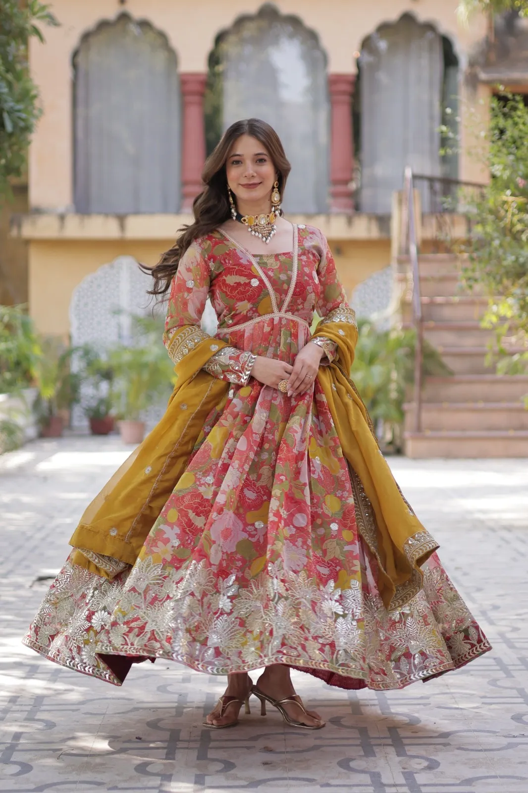 Alia Cut Pink Printed Gown with Dupatta for Occasion - Image 4