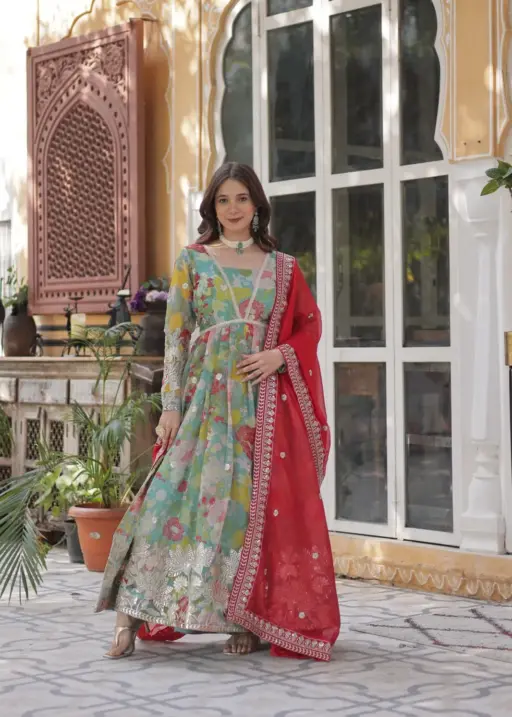 Alia Cut Printed Gown with Dupatta for Girls