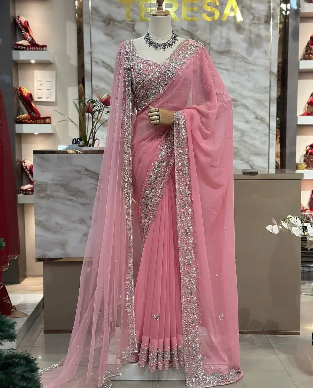 Baby Pink Designer Saree with Dupatta