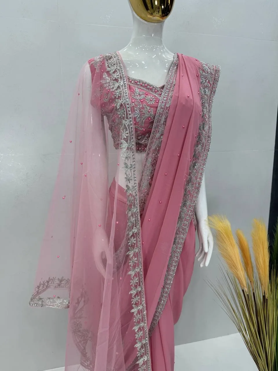 Baby Pink Designer Saree with Dupatta - Image 2