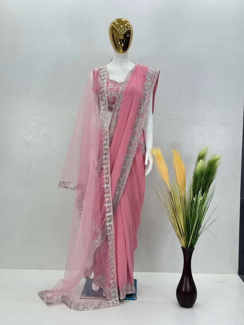 Baby Pink Designer Saree with Dupatta - Image 3
