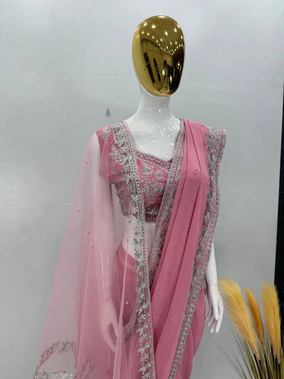 Baby Pink Designer Saree with Dupatta - Image 4