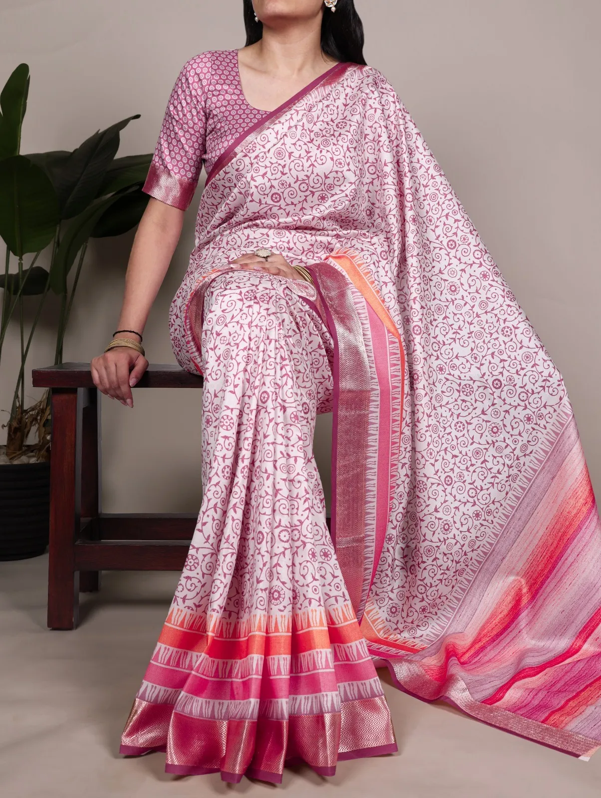 Baby Pink Floral Taser Silk Saree