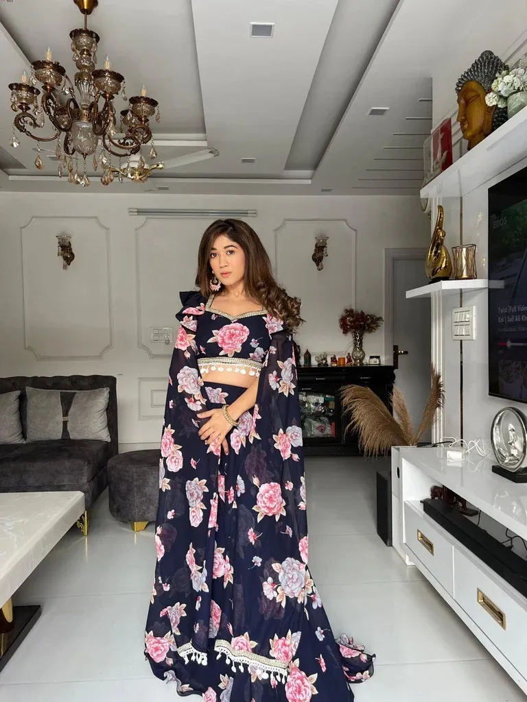 Black Kalamkari Readymade Lehenga with Fancy Blouse