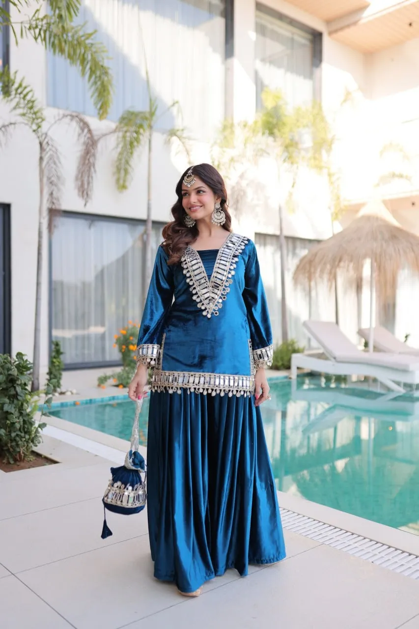 Blue Mirror Work Co ord Set with Batwa