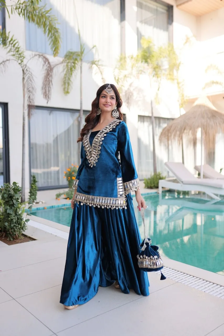 Blue Mirror Work Co ord Set with Batwa - Image 3