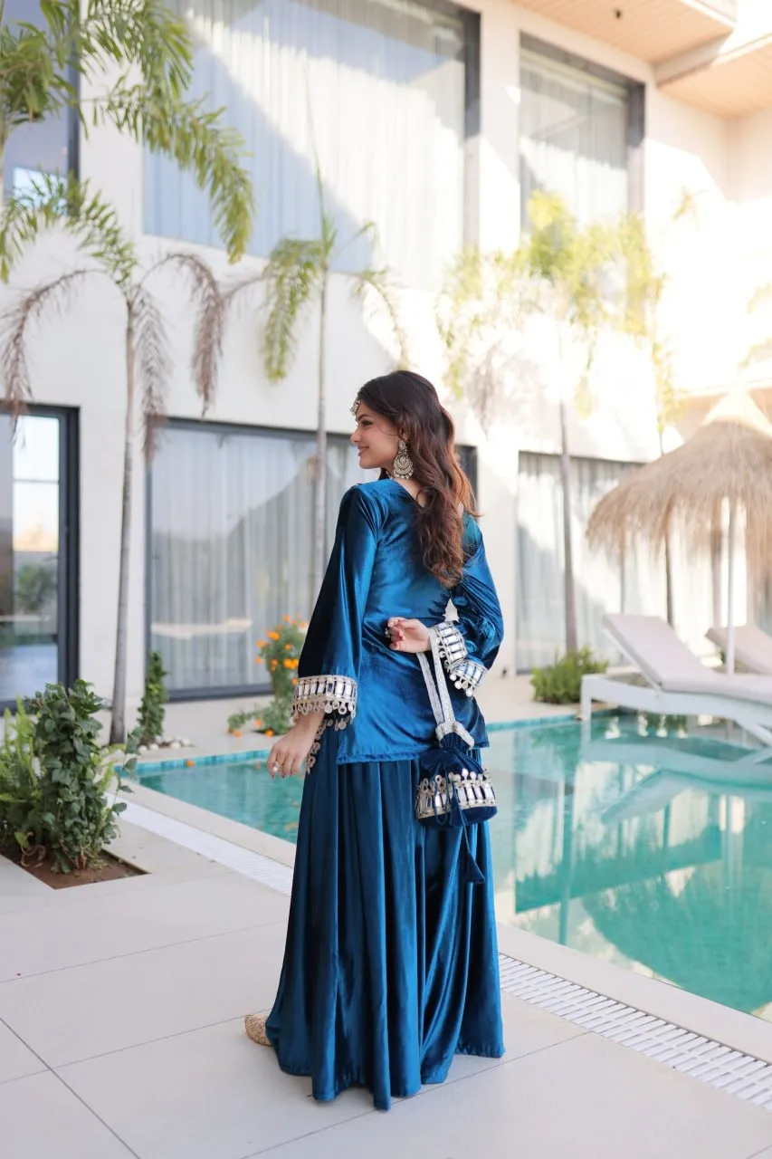 Blue Mirror Work Co ord Set with Batwa - Image 4