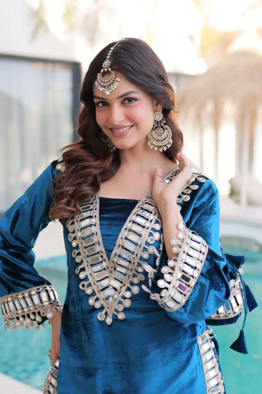 Blue Mirror Work Co ord Set with Batwa - Image 5