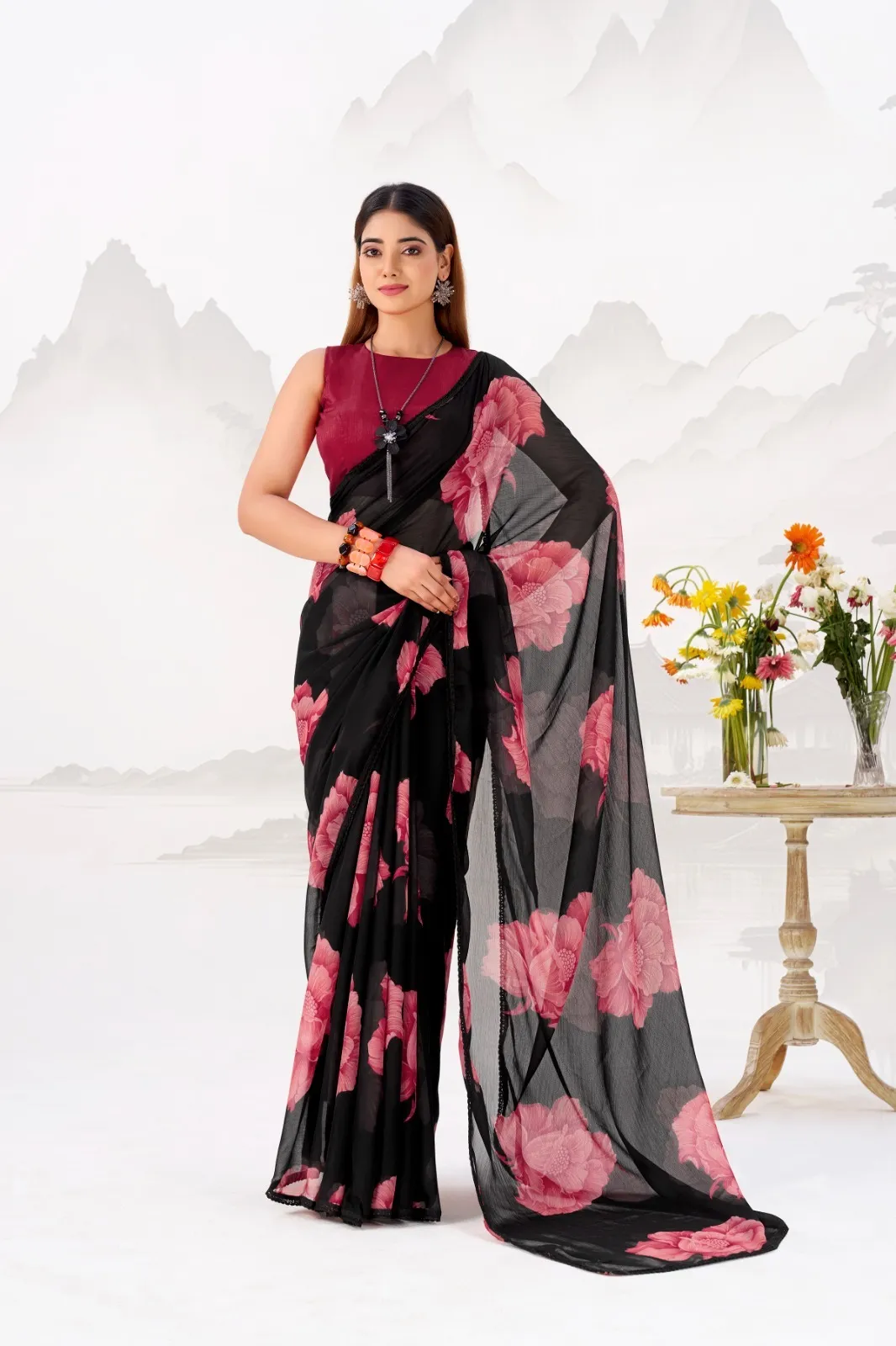 Bollywood Style Black with Red Floral Chiffon Saree - Image 2