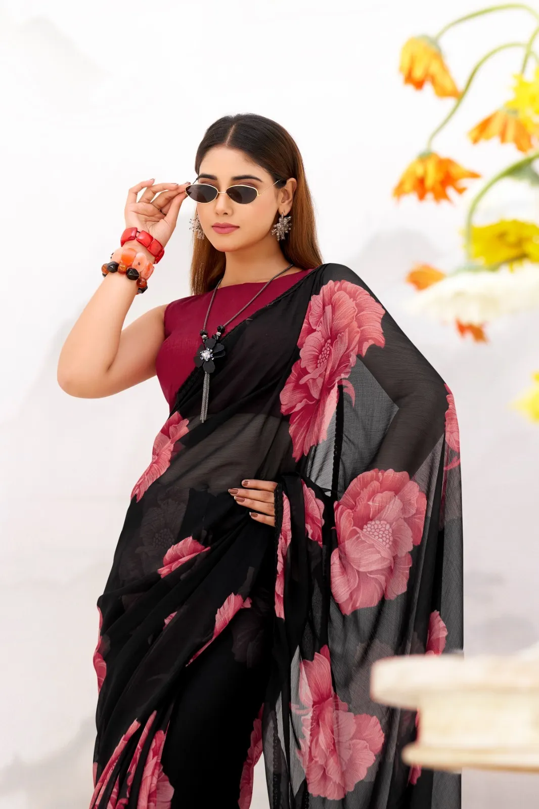 Bollywood Style Black with Red Floral Chiffon Saree - Image 3