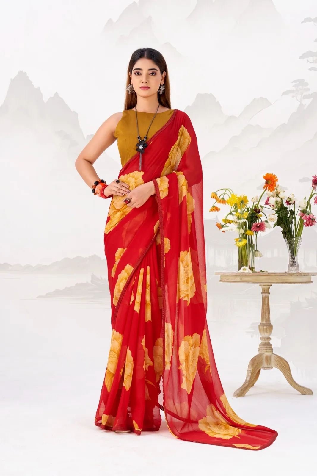 Bollywood Style Red with Orange Floral Chiffon Saree