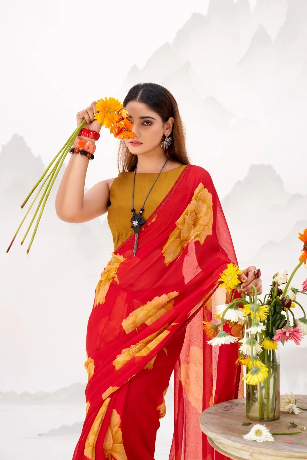 Bollywood Style Red with Orange Floral Chiffon Saree - Image 2