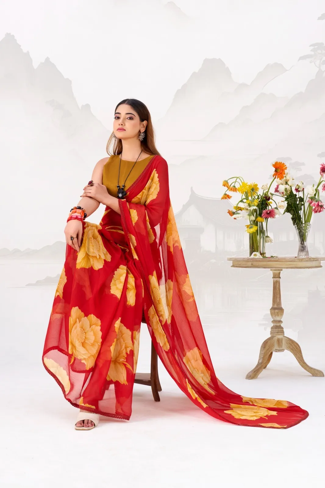 Bollywood Style Red with Orange Floral Chiffon Saree - Image 3