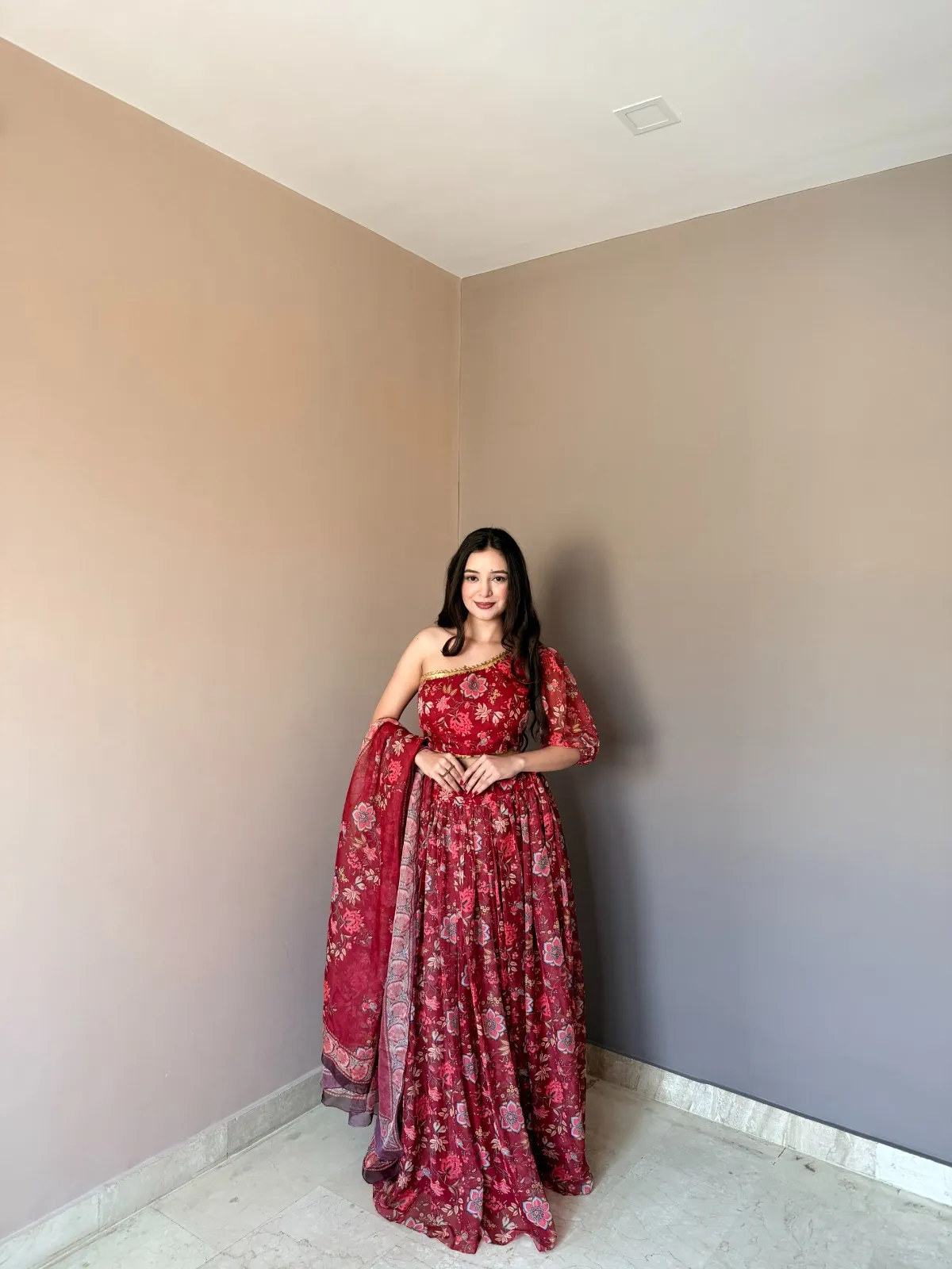Floral Printed Red One Shoulder Blouse with Lehenga set - Image 3