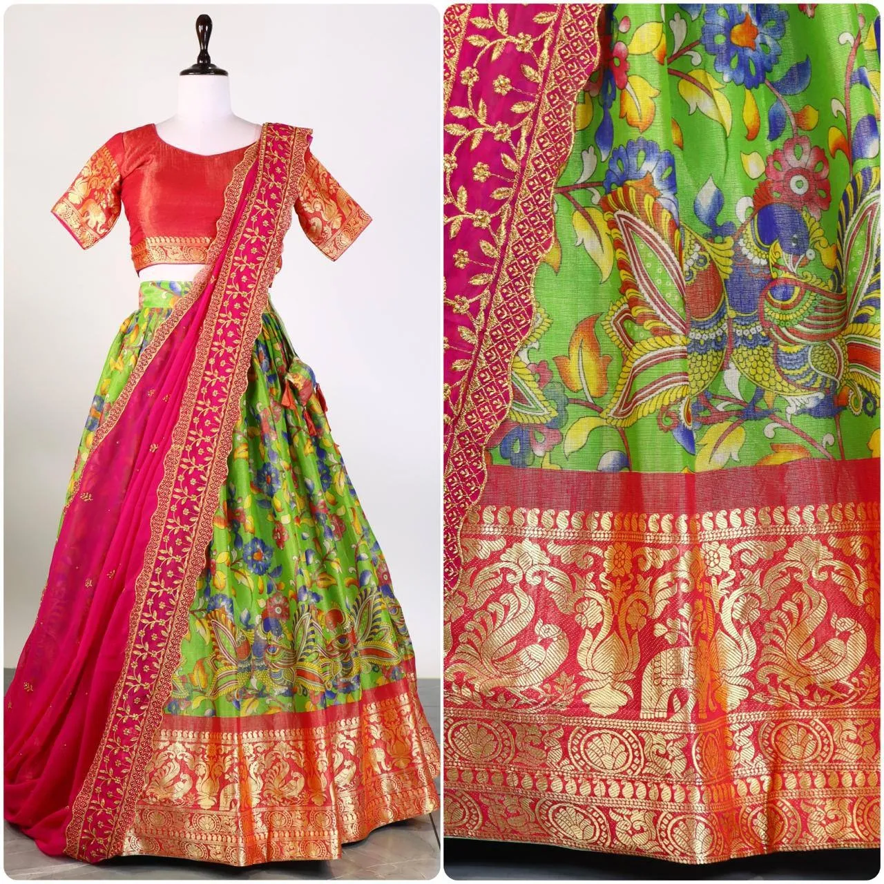 Green Kalamkari Printed Lehenga for Girls - Image 2