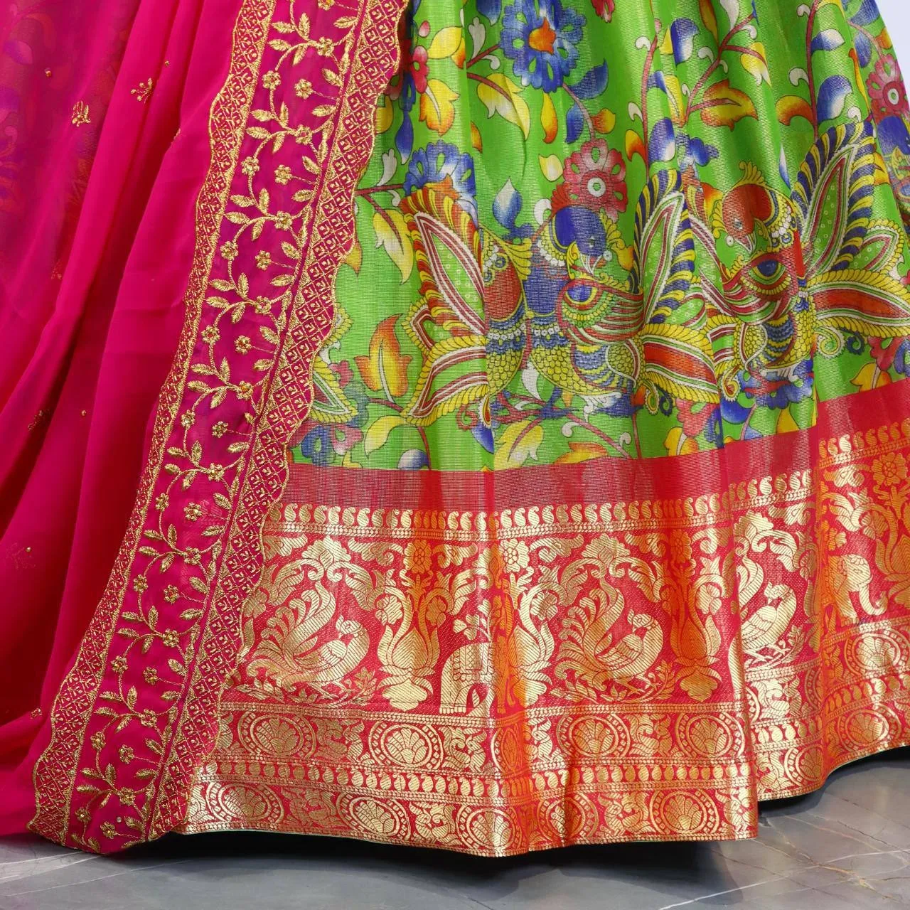 Green Kalamkari Printed Lehenga for Girls - Image 3