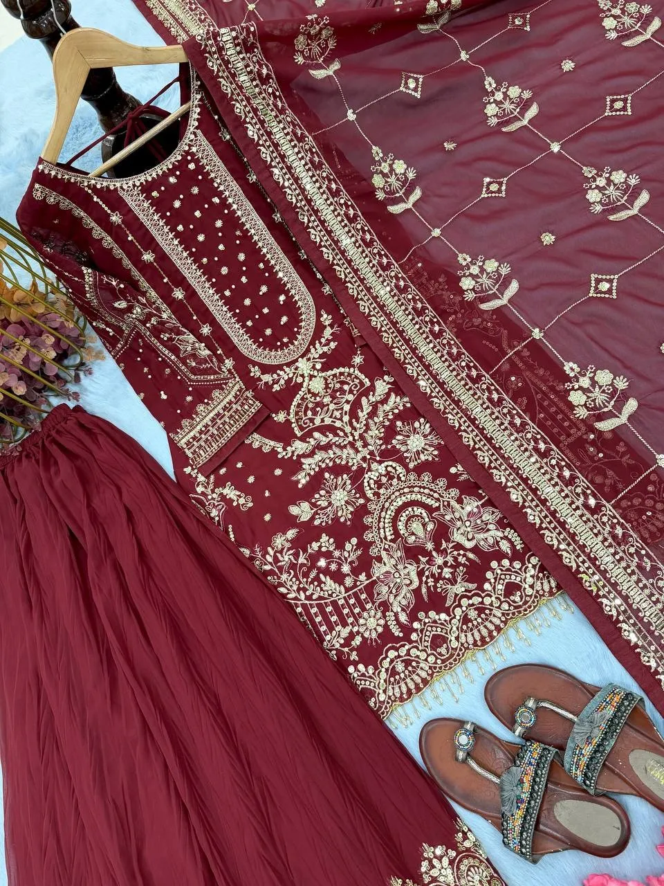 Maroon Pakistani Sharara Salwar Set - Image 3