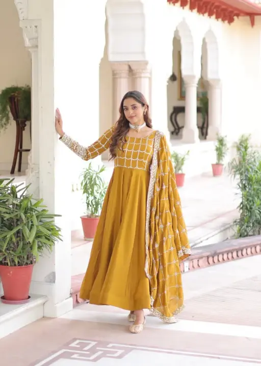 Mustard Color Gown Dupatta for Haldi Ceremony - M