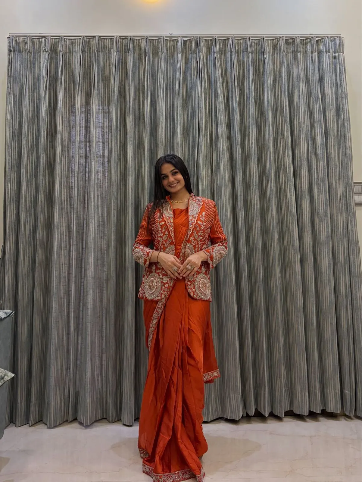 Orange Readymade Saree with Koti