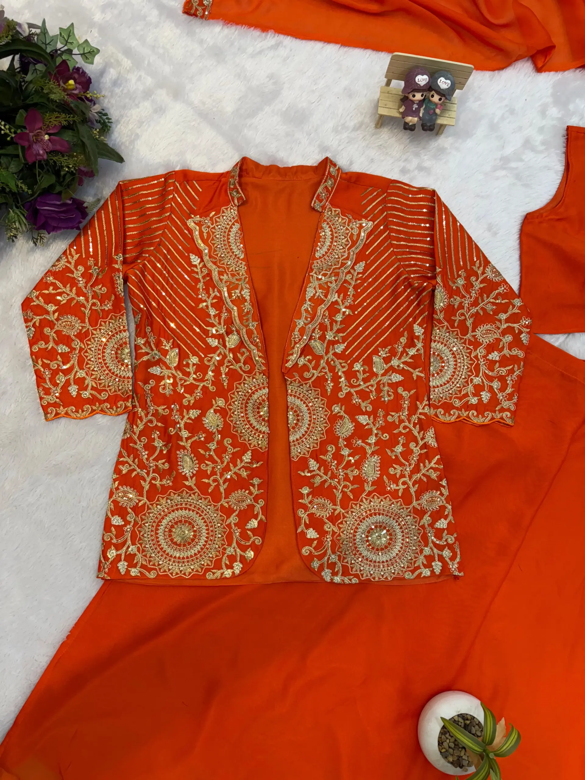 Orange Readymade Saree with Koti - Image 2