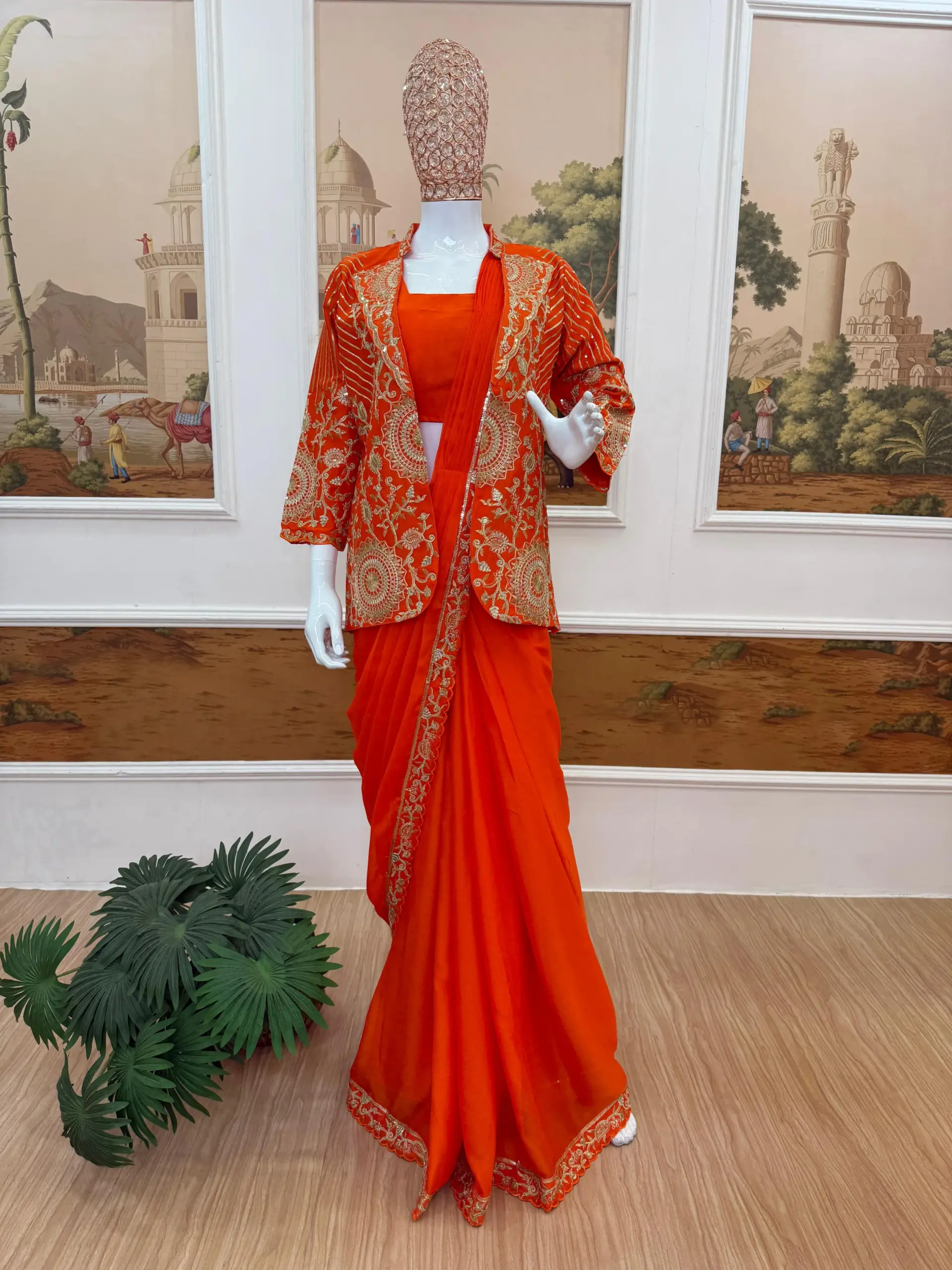 Orange Readymade Saree with Koti - Image 3