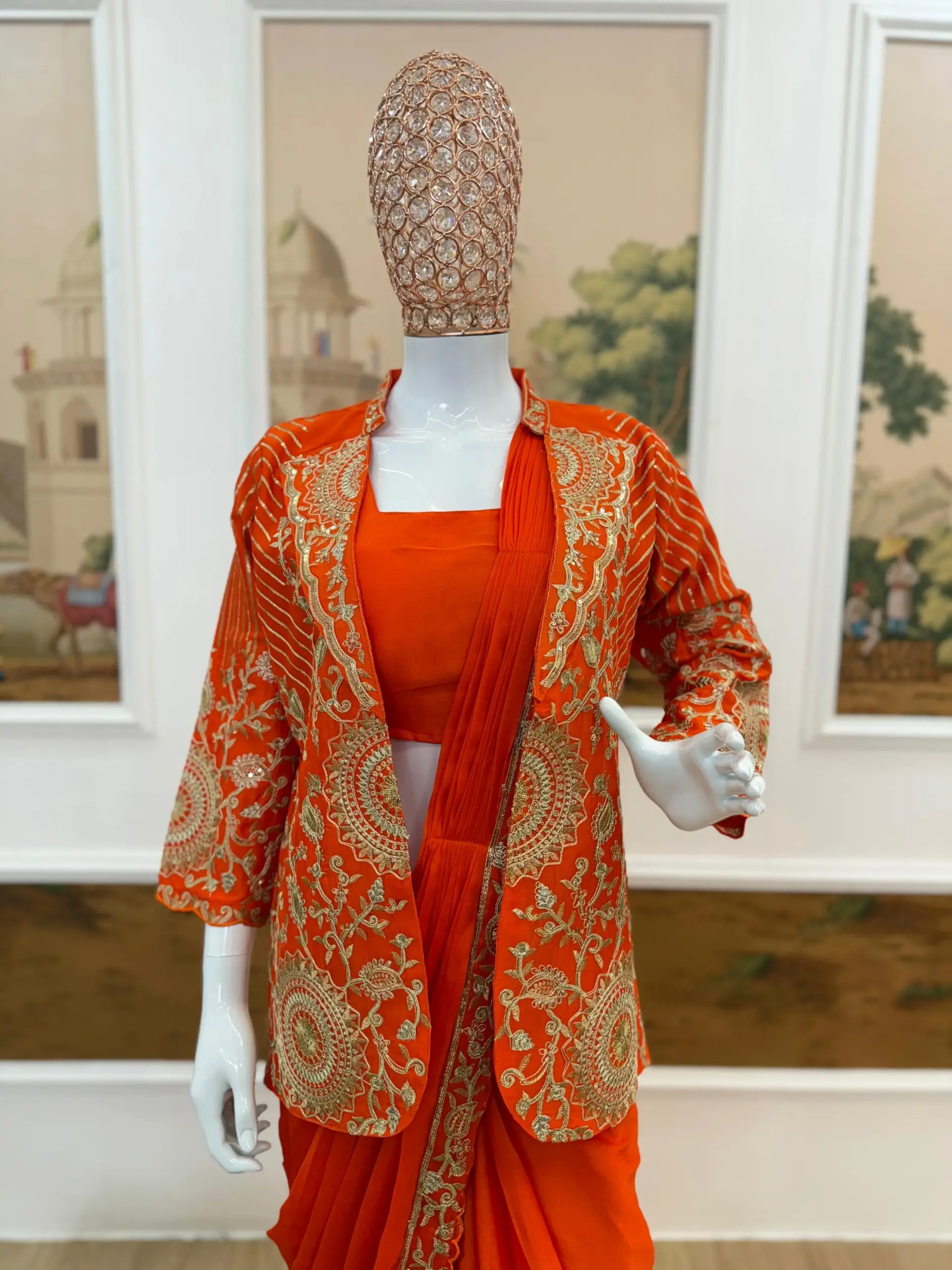 Orange Readymade Saree with Koti - Image 4