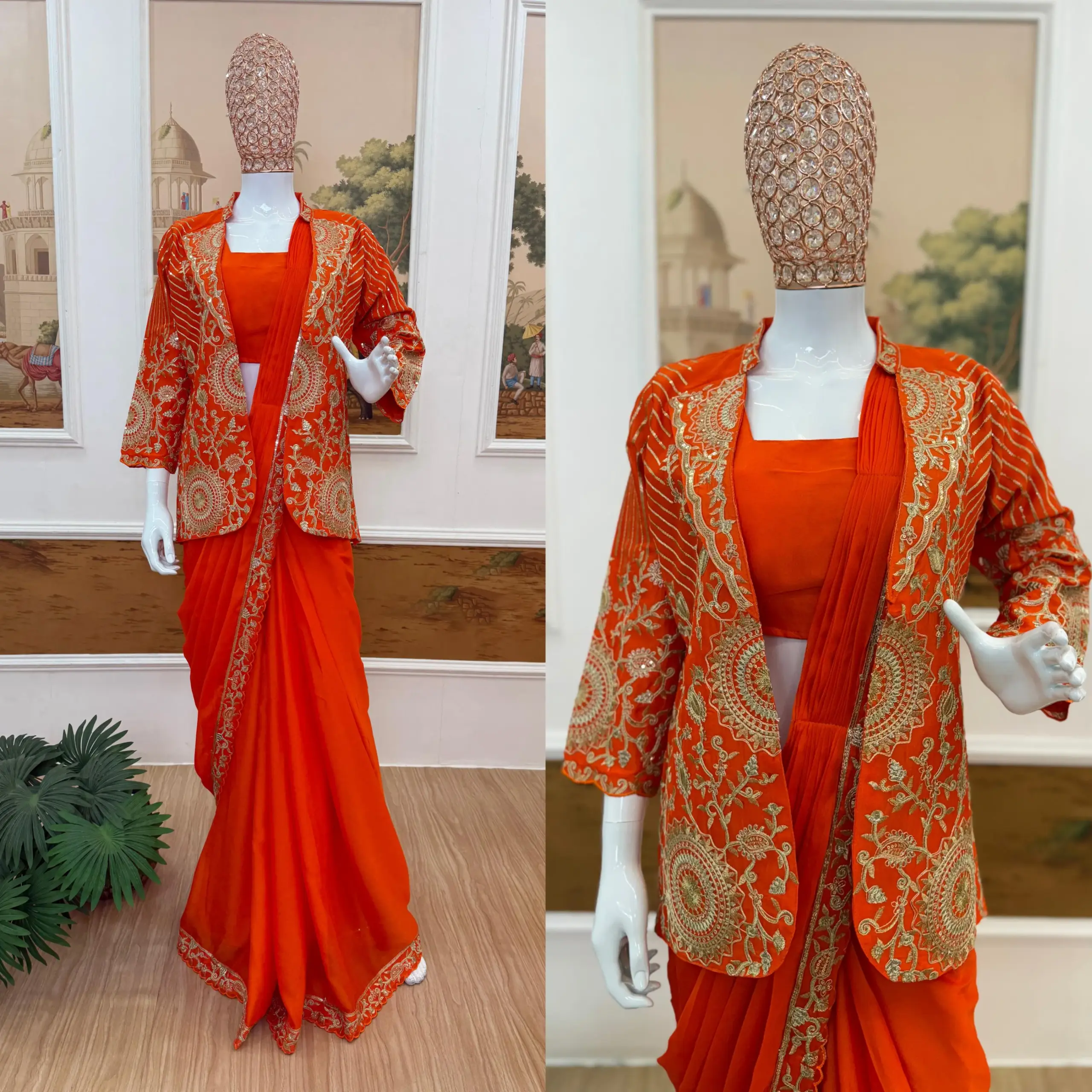 Orange Readymade Saree with Koti - Image 5