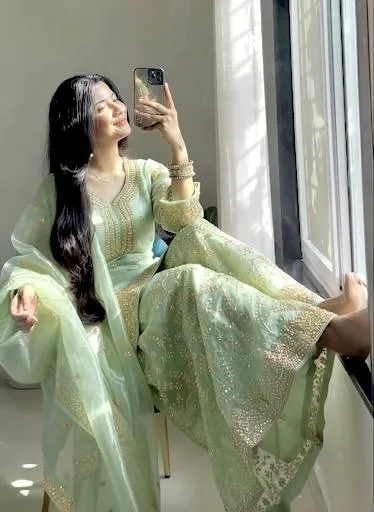 Pastel Pista Pearl Work Pakistani Kurti Set