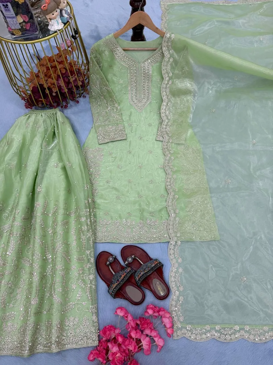 Pastel Pista Pearl Work Pakistani Kurti Set - Image 2