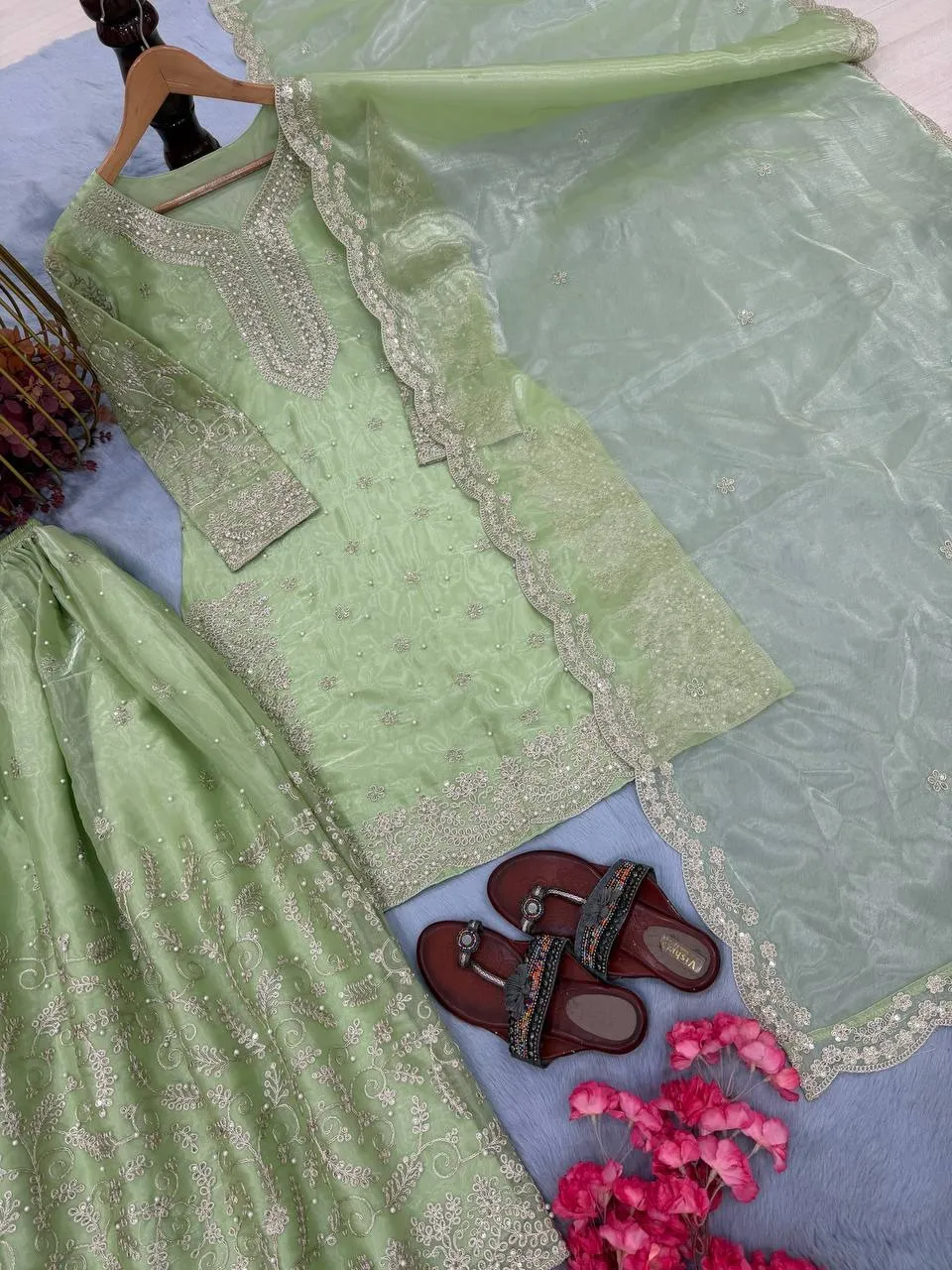 Pastel Pista Pearl Work Pakistani Kurti Set - Image 3