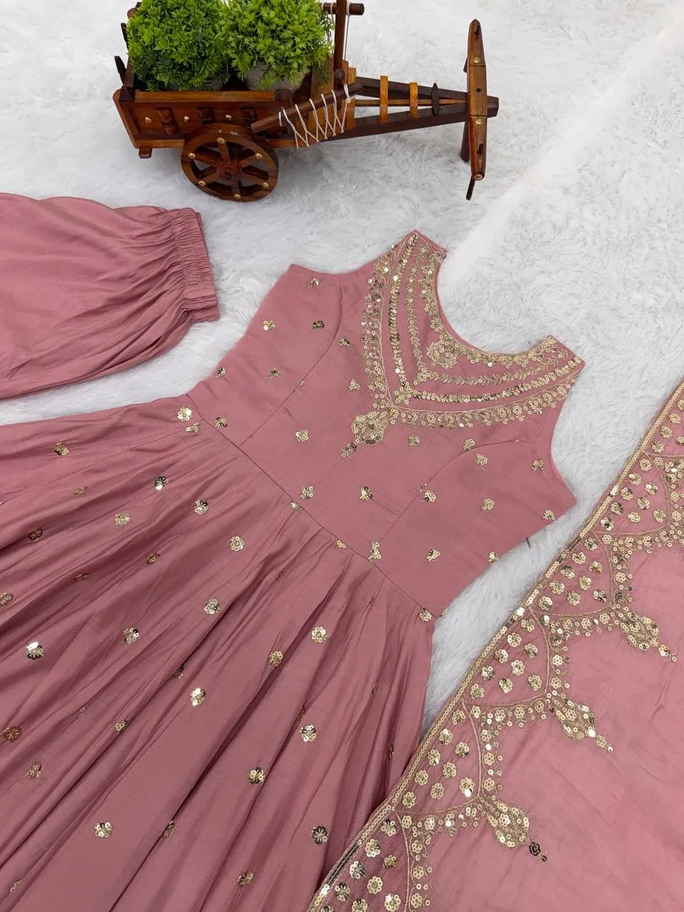 Peach Ethnic Gown with Dupatta Set for Girls - Image 2