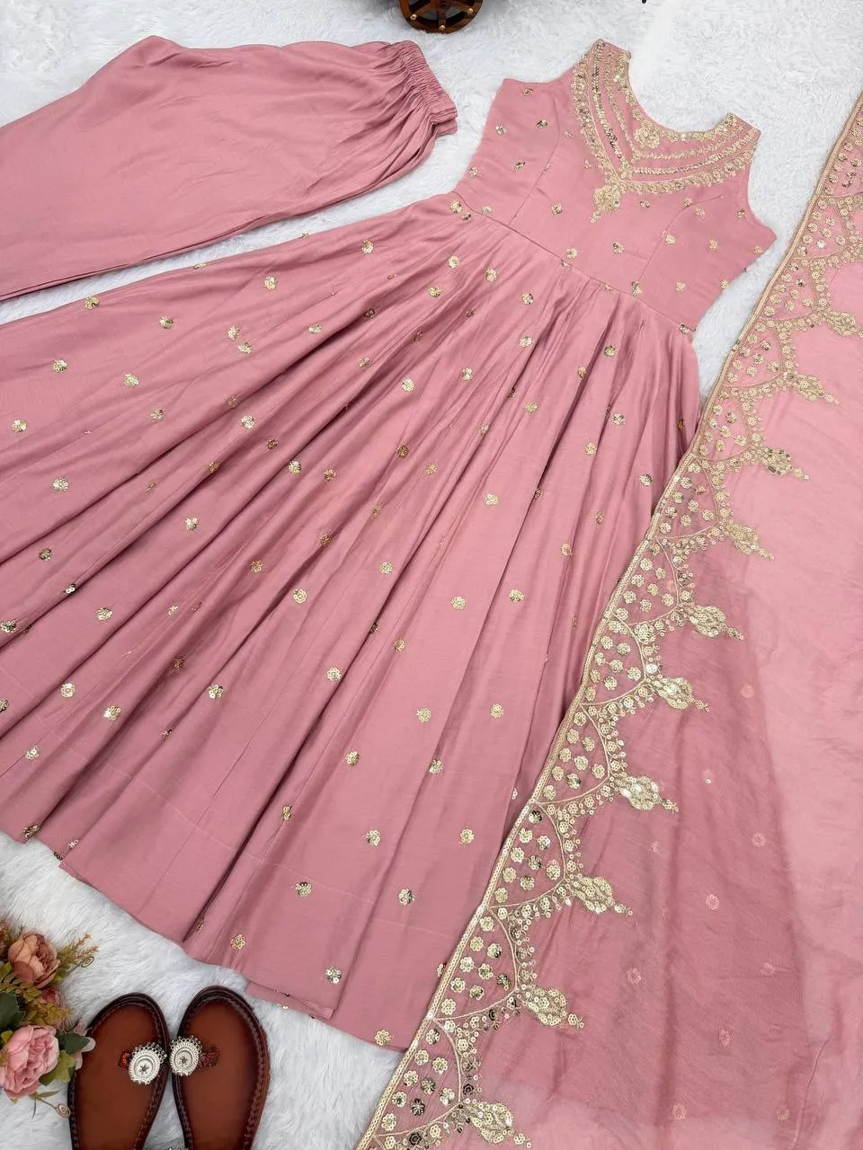 Peach Ethnic Gown with Dupatta Set for Girls - Image 3