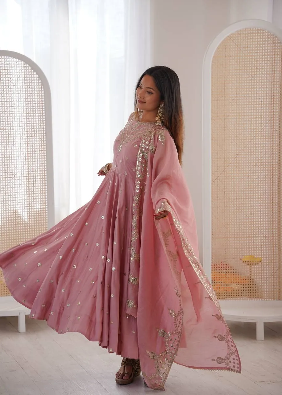 Peach Ethnic Gown with Dupatta Set for Girls - Image 4