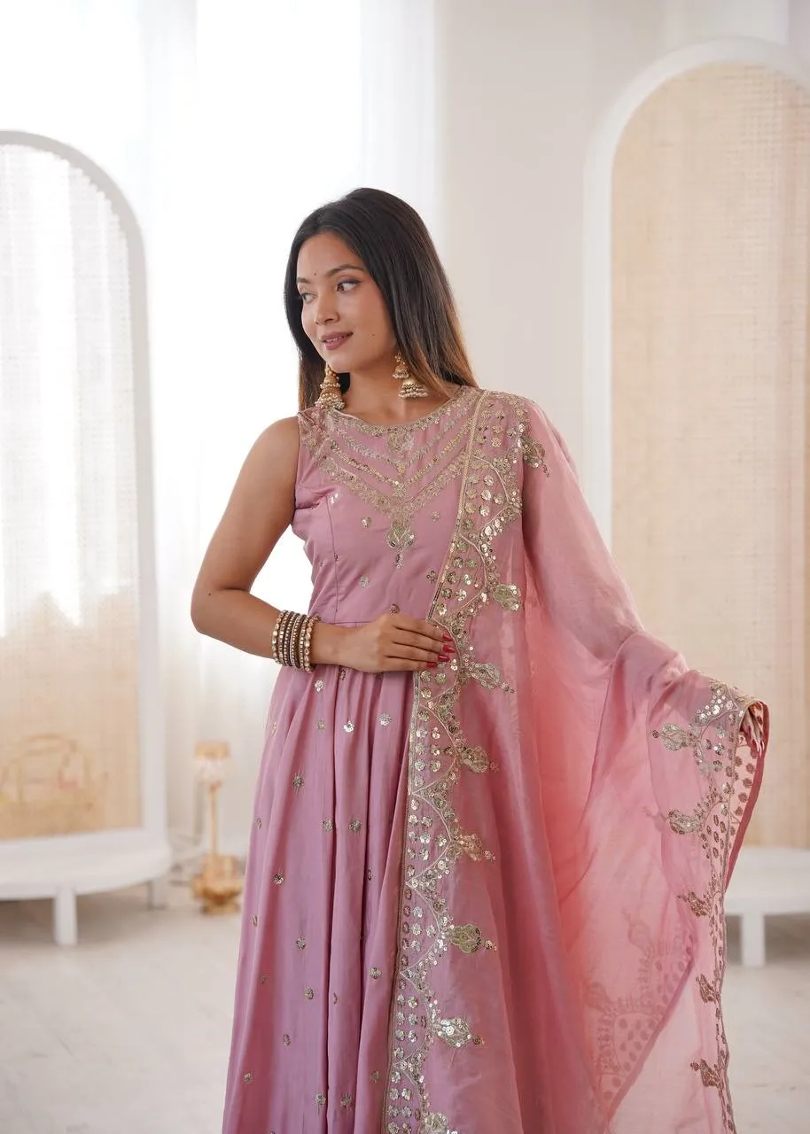 Peach Ethnic Gown with Dupatta Set for Girls - Image 6