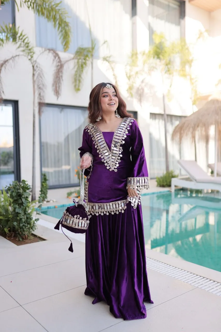 Purple Mirror Work Velvet Co ord Set with Batwa